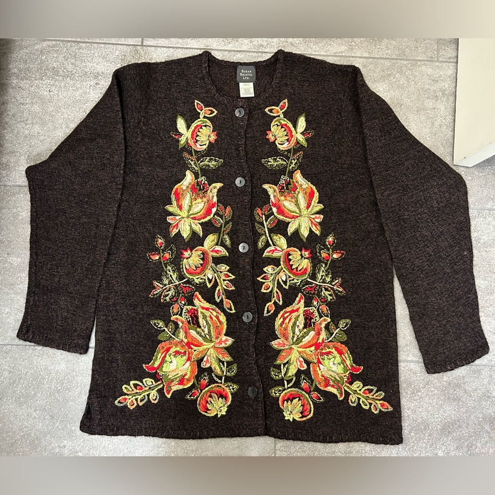 Susan Bristol LTD Brown Cardigan with Floral Embroidery Size L 100%Wool
